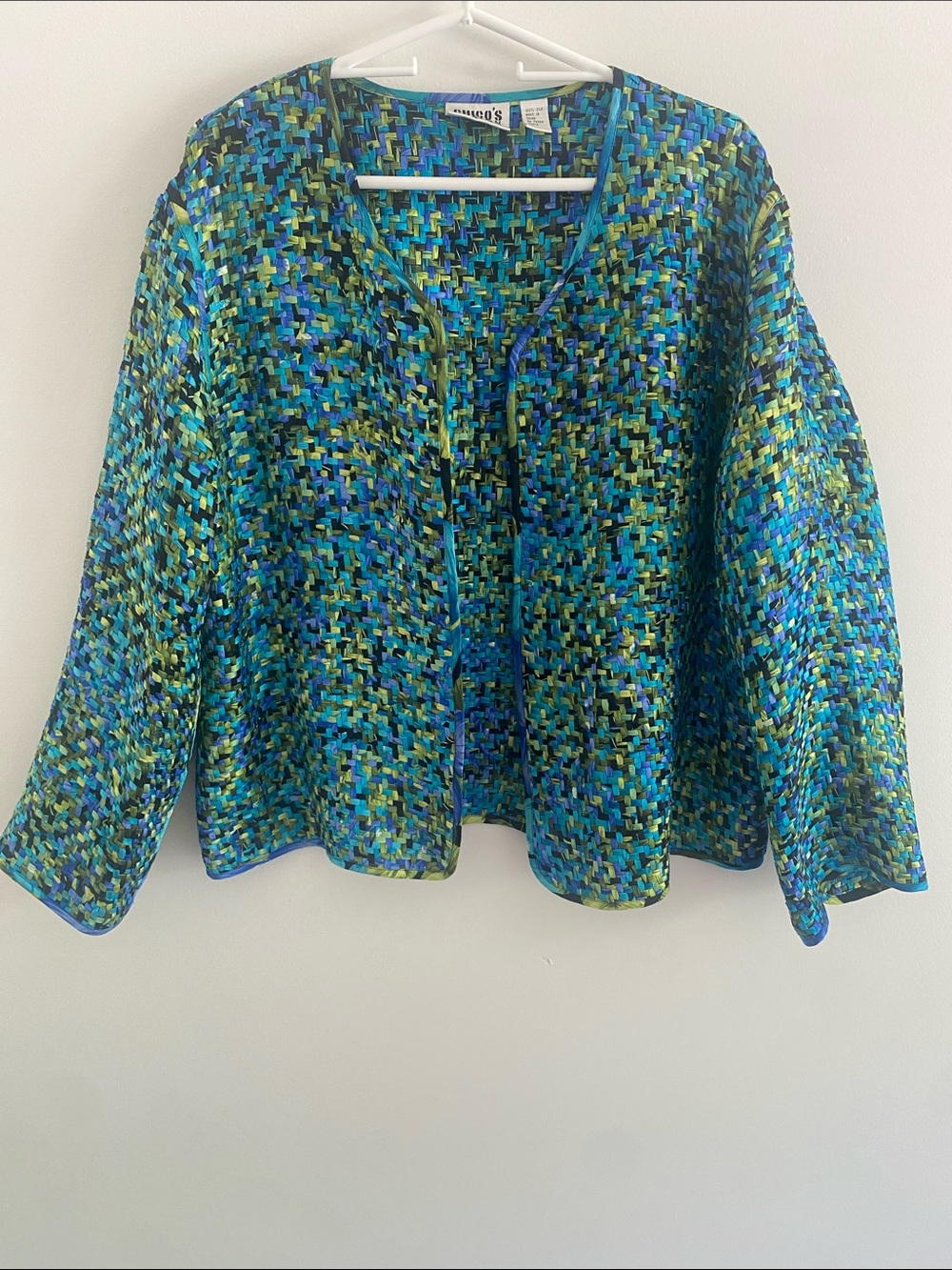 Chico’s Vintage Woven Silk Open Front Jacket Blue Green size 3 XL